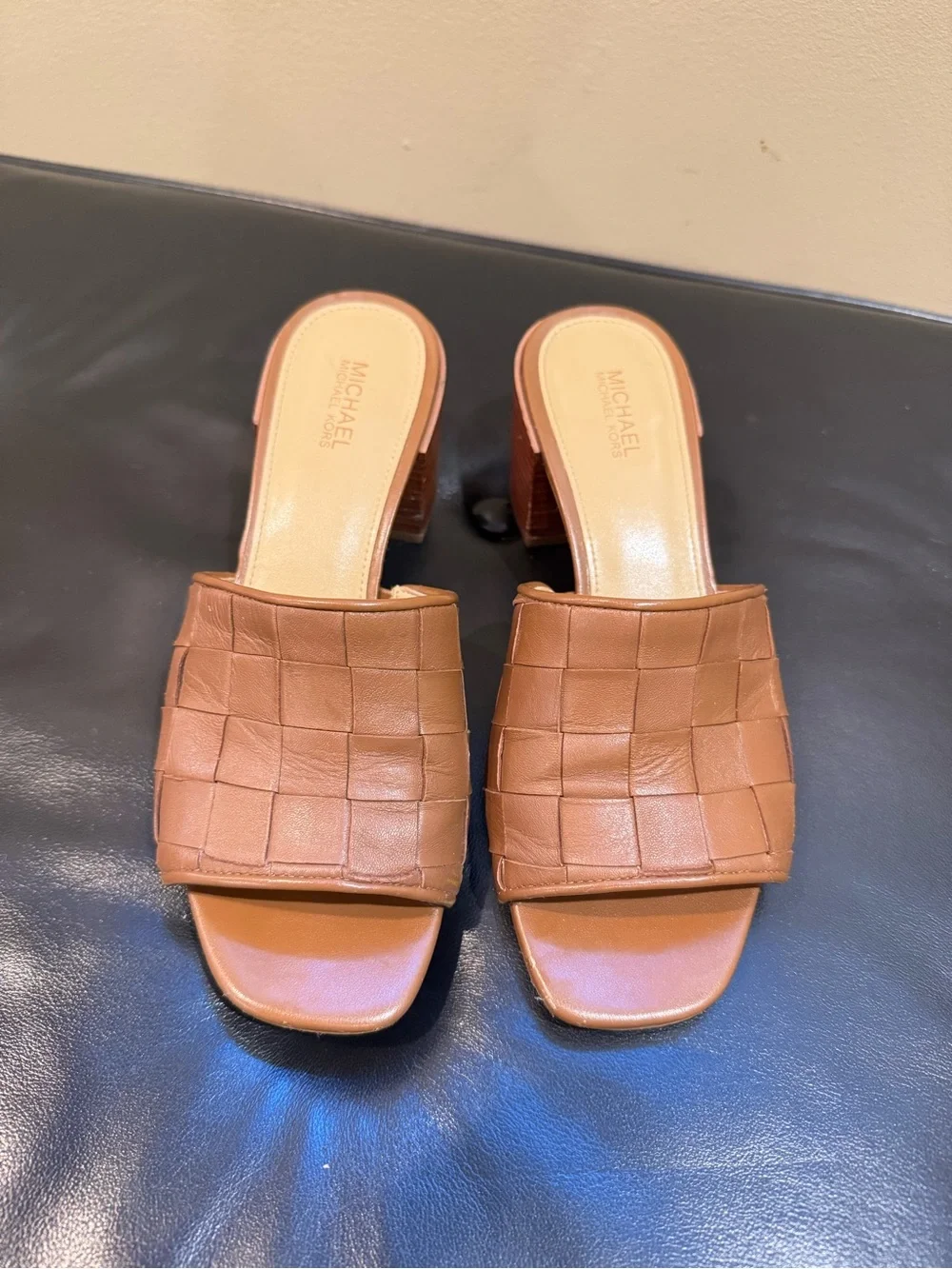 Michael Kors Cognac Woven Leather Block Heel Mules